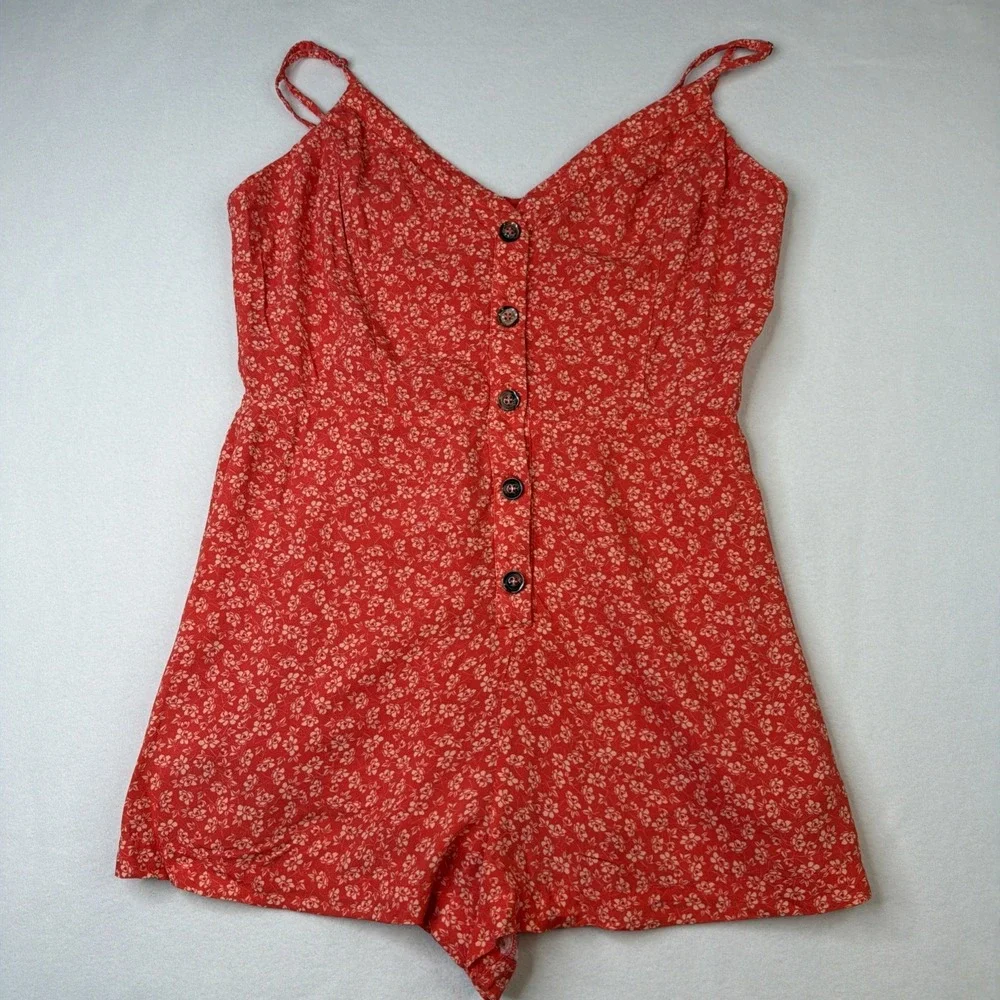 Lulu's Women's Floral Romper Medium Orange Rayon Button Front Sleeveless Boho - Picture 4 of 11